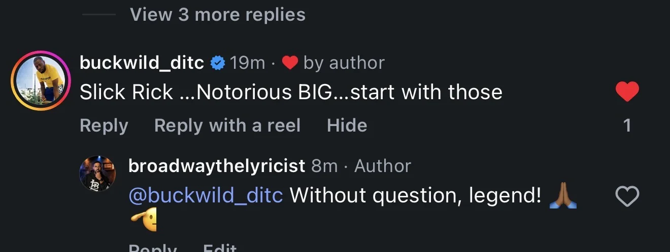 Buckwild commenting on Broadway The Lyricist's Instagram discussion