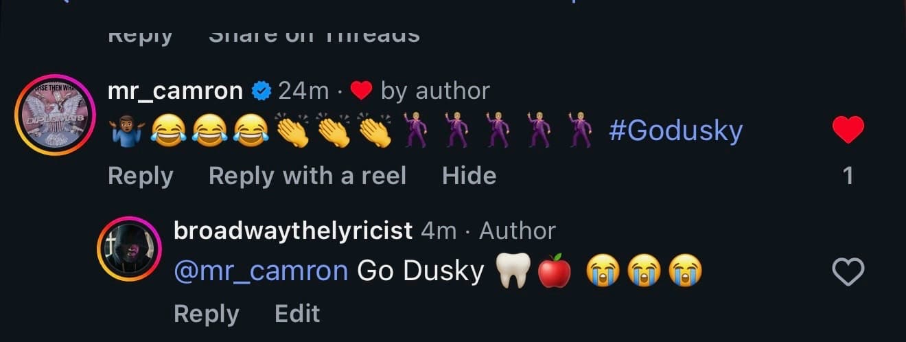 Cam'ron engaging with Broadway The Lyricist on Instagram