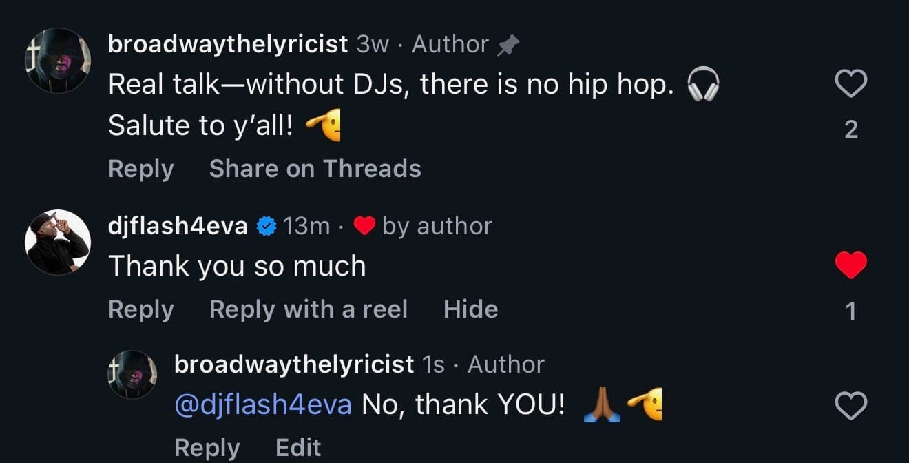 Grandmaster Flash engaging directly with Broadway The Lyricist