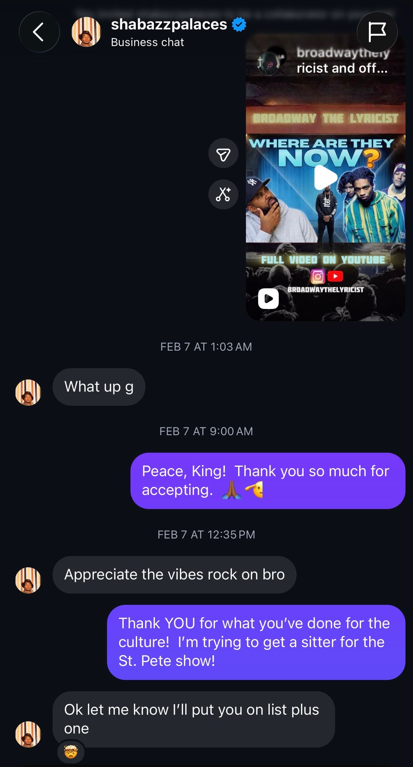Ishmael Butler of Shabazz Palaces messaging with Broadway The Lyricist