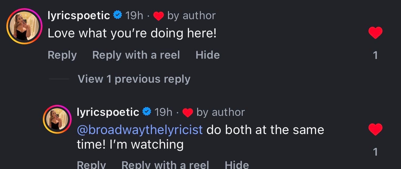 Lyric Perez commenting on Broadway The Lyricist's Instagram content