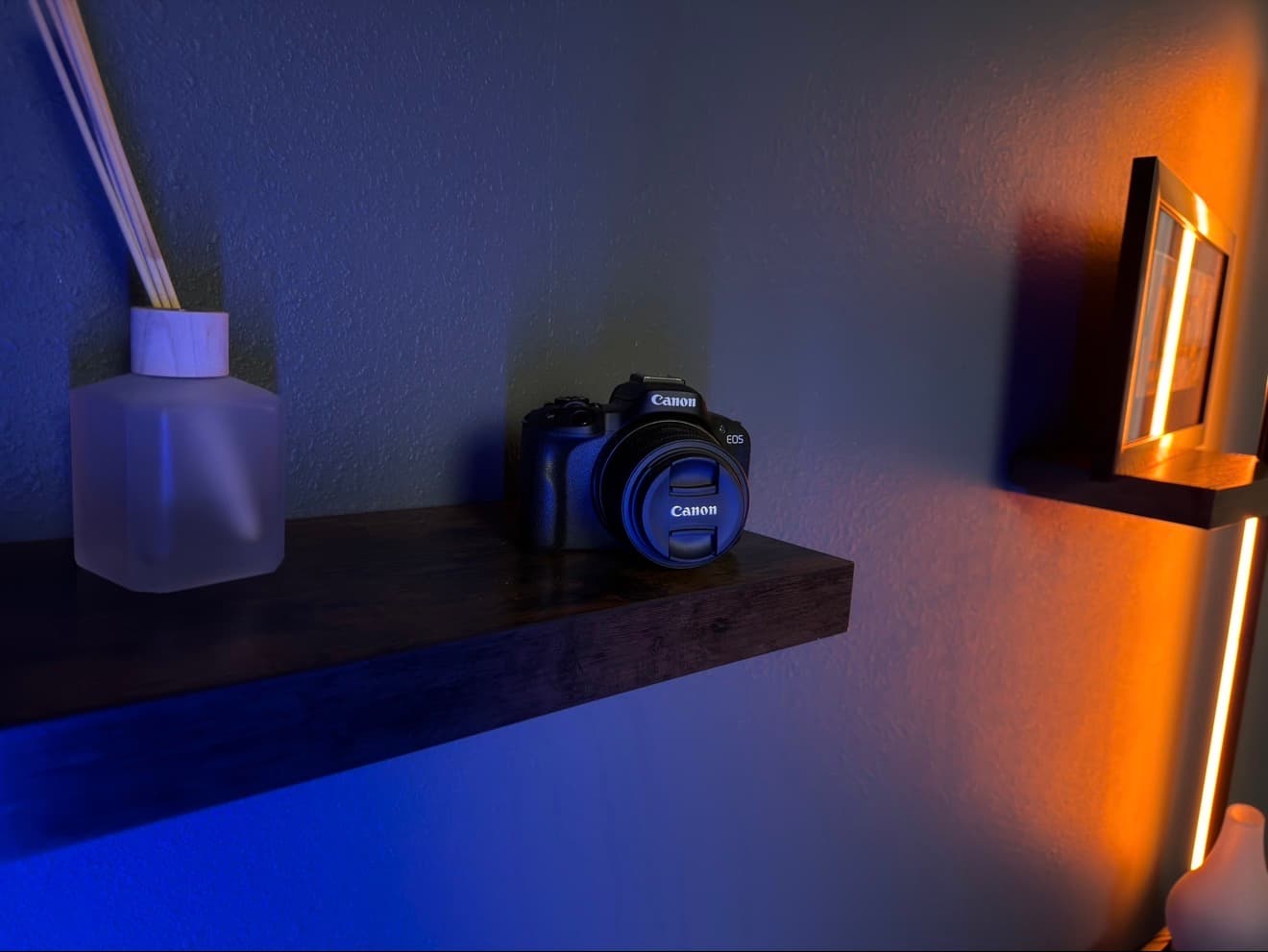 Canon EOS R50 on an RGB-lit shelf